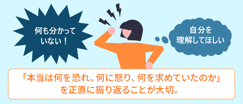 何も分かっていない!自分を理解してほしい。本当は何を恐れ、何に怒り、何を求めていたのかを正直に振り返ることが大切。