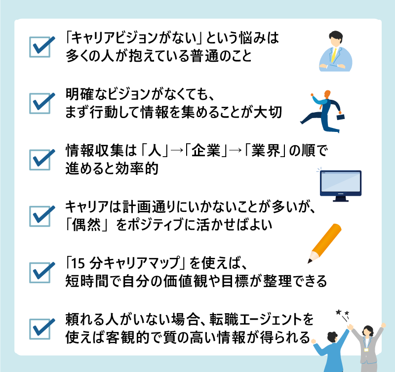 「キャリアビジョンがない」という悩みは多くの人が抱えている普通のこと｜明確なビジョンがなくても、まず行動して情報を集めることが大切｜情報収集は「人」→「企業」→「業界」の順で進めると効率的｜キャリアは計画通りにいかないことが多いが、「偶然」をポジティブに活かせばよい｜「15分キャリアマップ」を使えば、短時間で自分の価値観や目標が整理できる｜頼れる人がいない場合、転職エージェントを使えば客観的で質の高い情報が得られる