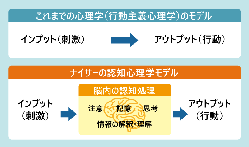 行動主義心理学のモデルとナイサーの認知心理学モデル｜刺激と行動の間に脳内の認知処理がある