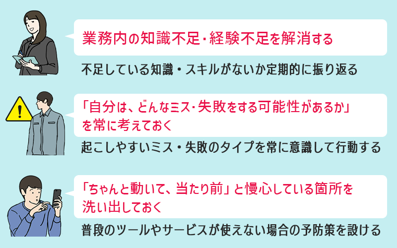 ミス・失敗のトラブルを極力なくしていくための対策3点。業務内の知識不足・経験不足を解消する（不足している知識・スキルがないか定期的に振り返る）。自分はどんなミス・失敗をする可能性があるかを常に考えておく（起こしやすいミス・失敗のタイプを常に意識して行動する）。ちゃんと動いて当たり前と慢心している箇所を洗い出しておく（普段のツールやサービスが使えない場合の予防策を設ける）