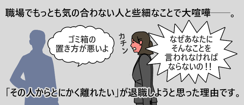 職場でもっとも気の合わない人と些細なことで大喧嘩。「ゴミ箱の置き方が悪いよ」「なぜあなたにそんなことを言われなければならないの！！」　「その人からとにかく離れたい」が退職しようと思った理由です。
