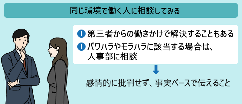 同じ環境で働く人に相談してみる　●第三者からの働きかけで解決することもある　●パワハラやモラハラに該当する場合は、人事部に相談→感情的に批判せず、事実ベースで伝えること